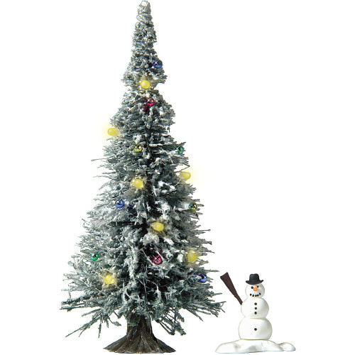 Busch H0 5409 besneeuwde kerstboom, met 7 gele LEDs als verlichting, kerstballen en een sneeuwpop - Modeltreinshop