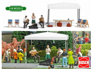 Busch H0 aktie set 7846 straatmuzikanten met tafel, tent en accessoires - Modeltreinshop