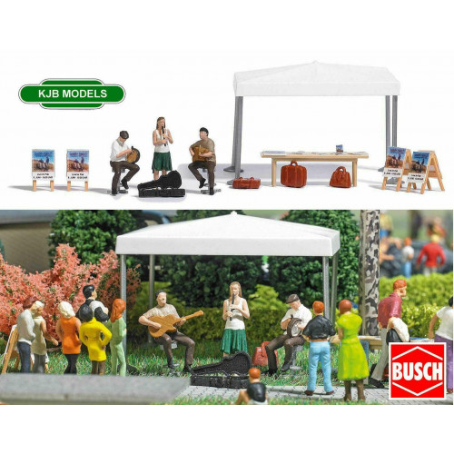 Busch H0 aktie set 7846 straatmuzikanten met tafel, tent en accessoires - Modeltreinshop
