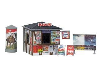 Busch H0 1494 Tijdschriften Kiosk met reklameborden en zuil - Modeltreinshop