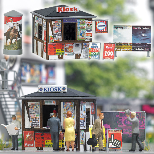 Busch H0 1494 Tijdschriften Kiosk met reklameborden en zuil - Modeltreinshop