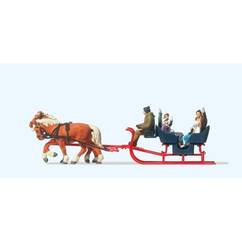 Preiser H0 30420 Arrenslee met 5 figuren getrokken door 2 paarden - Modeltreinshop