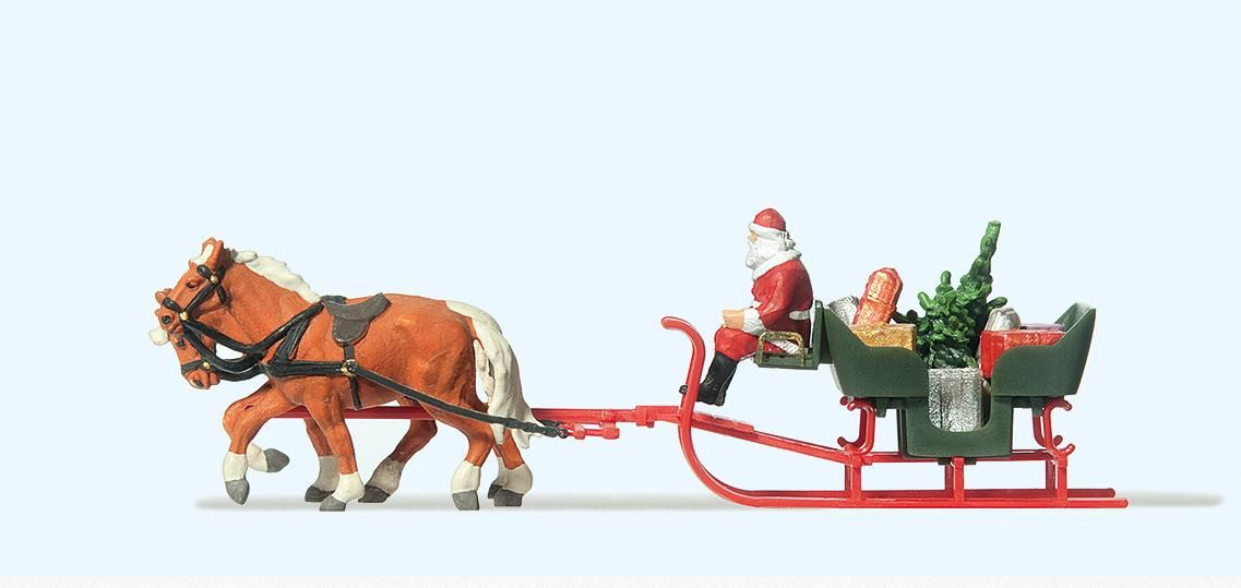 Preiser H0 30448 Kerstman in slee getrokken door 2 paarden - Modeltreinshop