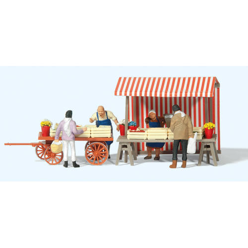 Preiser H0 10053 Marktkraam groen en fruit met klanten en marktkooplieden - Modeltreinshop