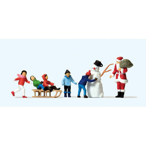 Preiser H0 10626 Kerstman, kinderen in de sneeuw met sneeuwman - Modeltreinshop