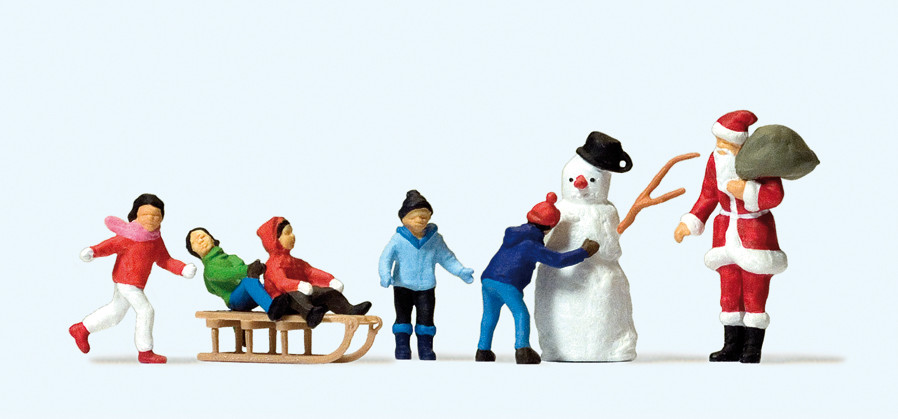 Preiser H0 10626 Kerstman, kinderen in de sneeuw met sneeuwman - Modeltreinshop