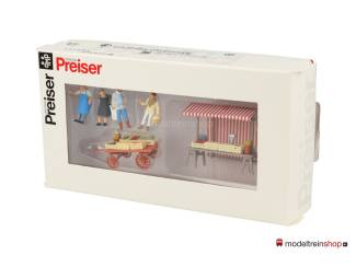 Preiser H0 10053 Marktkraam groen en fruit met klanten en marktkooplieden - Modeltreinshop