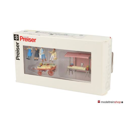 Preiser H0 10053 Marktkraam groen en fruit met klanten en marktkooplieden - Modeltreinshop