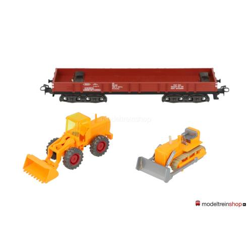 Marklin H0 4474 V01 Lageboordwagen met 2 bouwvoertuigen - Modeltreinshop