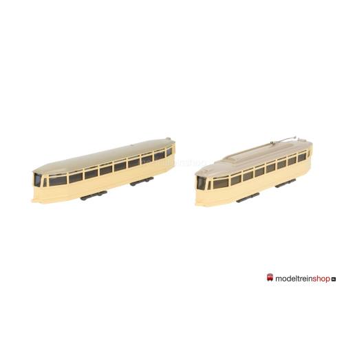 Wiking H0 740 Lichtbeige tramwagon en 741 Tramaanhanger lichtbeige - Modeltreinshop