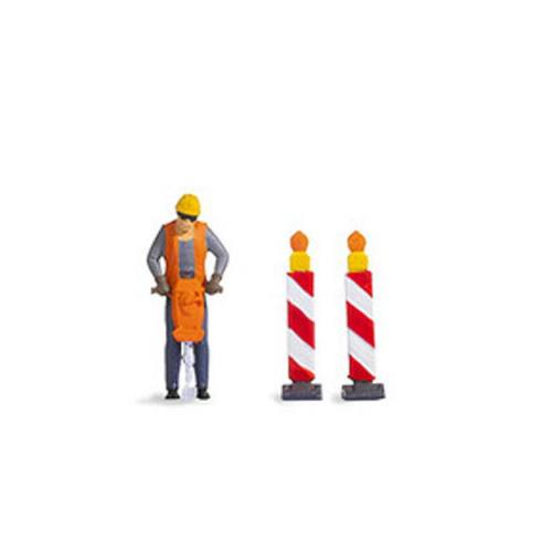 Noch H0 16521 Tiny-Scenes - man met drilboor en 2 wegafzettingen - Modeltreinshop