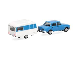 Herpa H0 028585-002 Wartburg 353 `82 & Qek-Junior caravan, blauw - Modeltreinshop