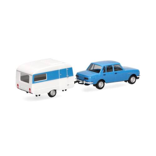 Herpa H0 028585-002 Wartburg 353 `82 & Qek-Junior caravan, blauw - Modeltreinshop