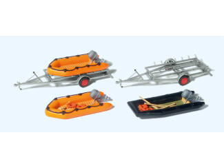 Preiser H0 17312 bouwpakket - Drie rubberboten en twee aanhangers - Modeltreinshop
