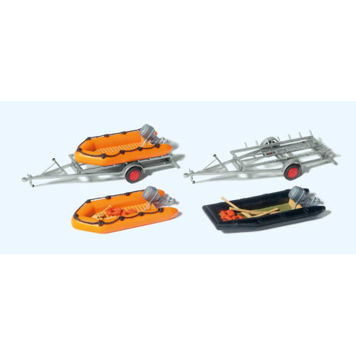 Preiser H0 17312 bouwpakket - Drie rubberboten en twee aanhangers - Modeltreinshop