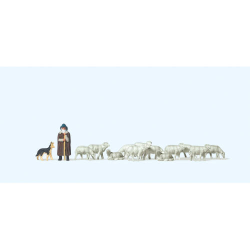 Preiser N 79160 Schapen (12x) herder en hond - Modeltreinshop